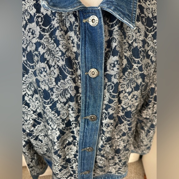 Asazy Vintage 80s 90s Lace Overlay Oversized Button Down Denim Jacket size L - Picture 2 of 8